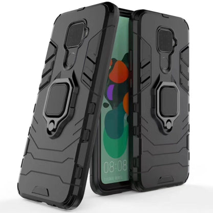 Black protective phone case with magnetic ring holder and rugged TPU armor
