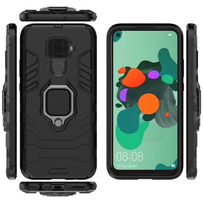 Rugged black phone case with magnetic ring holder, kickstand back and cutouts