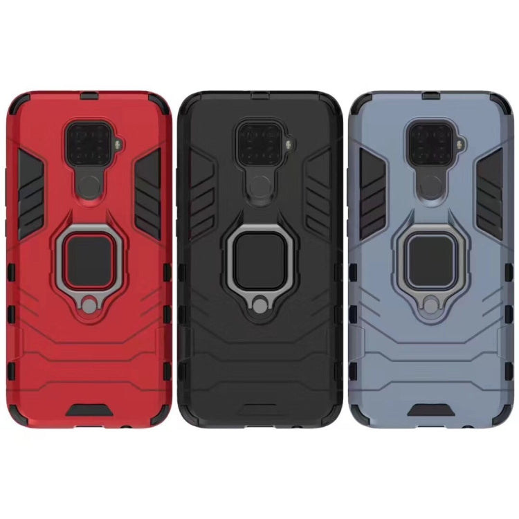 Three-color rugged phone cases: red, black, and blue with magnetic ring holder