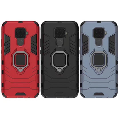 Three-color rugged phone cases: red, black, and blue with magnetic ring holder