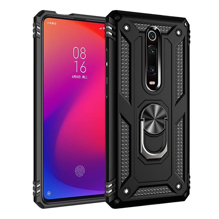 Black rugged protective phone case with metal ring kickstand and shockproof corners