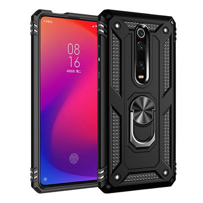 Black rugged protective phone case with metal ring kickstand and shockproof corners