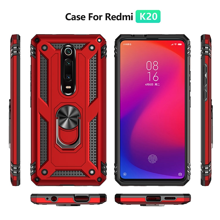 Red rugged protective phone case with metal ring kickstand and camera cutout