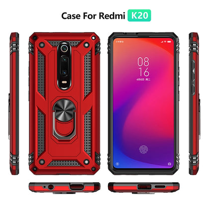 Red rugged protective phone case with metal ring kickstand and camera cutout