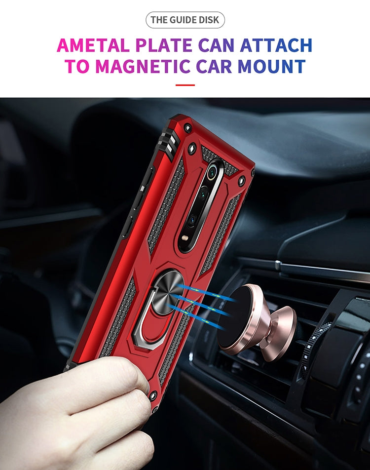 Red rugged protective phone case with magnetic car mount ring holder