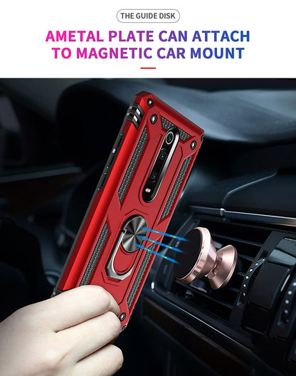 Red rugged protective phone case with magnetic car mount ring holder