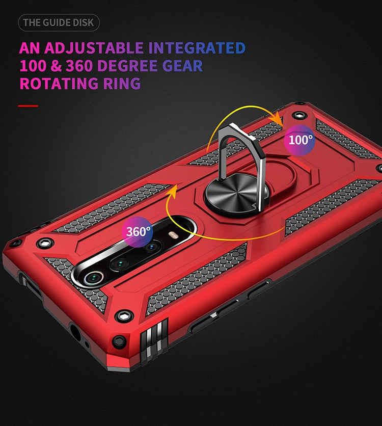 Red rugged phone case with 360° rotating ring holder and raised camera protection