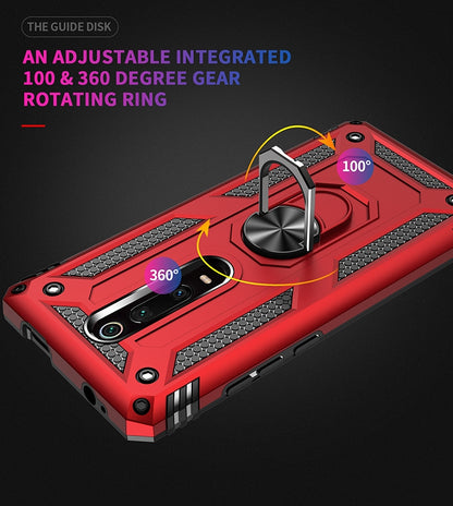 Red rugged phone case with 360° rotating ring holder and raised camera protection