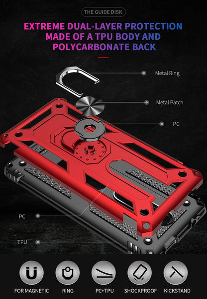 Red rugged dual-layer TPU PC phone case with metal ring kickstand