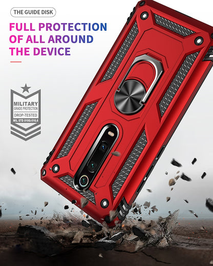 Red rugged protective phone case with metal ring kickstand and dual camera cutouts