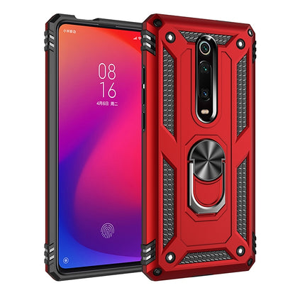 Protective phone case with raised corners, textured grip, and rotating ring holder in red