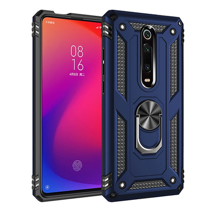 Protective phone case with raised corners, textured grip, and rotating ring holder in blue