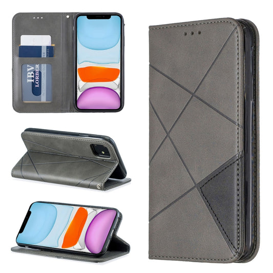 Grey magnetic leather flip phone case with card slots and rhombus texture