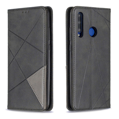 Dark gray leather-look phone wallet case with rhombus texture and edge stitching