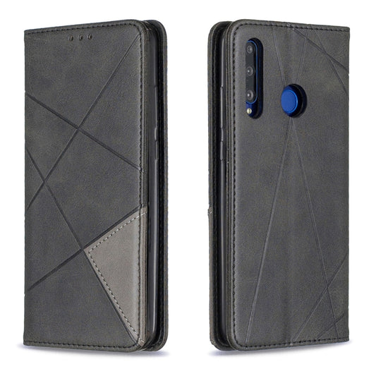 Dark gray leather-look phone wallet case with rhombus texture and edge stitching