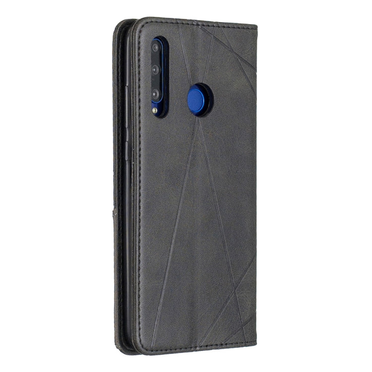 Dark gray phone case wallet with rhombus texture, camera cutout, and blue magnetic snap