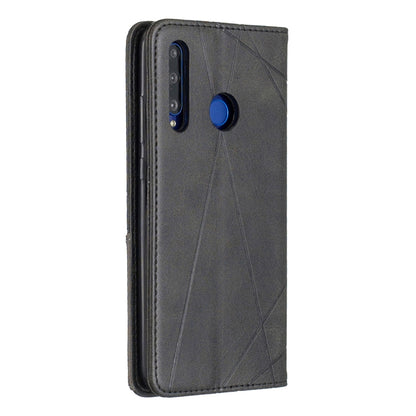 Dark gray phone case wallet with rhombus texture, camera cutout, and blue magnetic snap