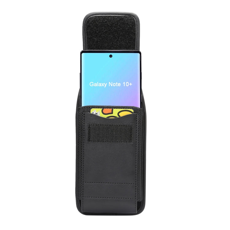 Black vertical waist bag holding a smartphone with front card pocket
