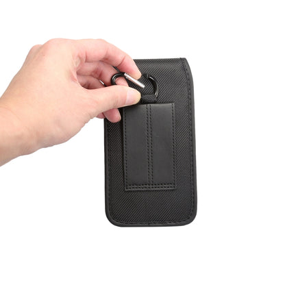 Black waist phone bag with hand pulling the top carabiner clip