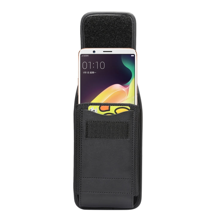 Black vertical phone pocket waist bag holding a smartphone under open flap