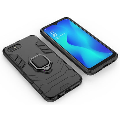 Rugged black phone case with magnetic ring holder; blue-screen phone front and back