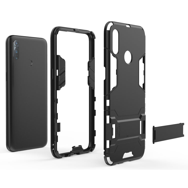 Rugged shockproof phone case with stand, front cover and back shell pieces shown