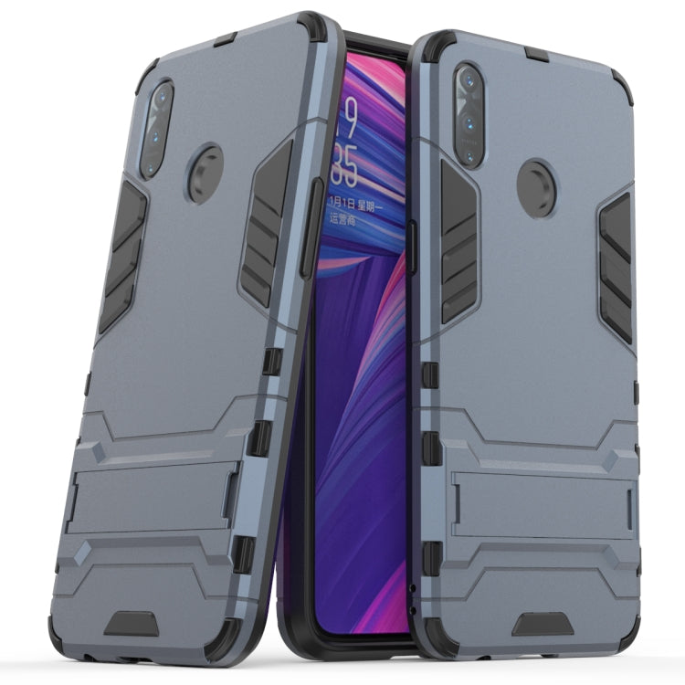 Rugged shockproof phone case with bumper corners, blue-gray back and cutouts