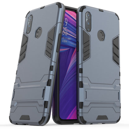 Rugged shockproof phone case with bumper corners, blue-gray back and cutouts