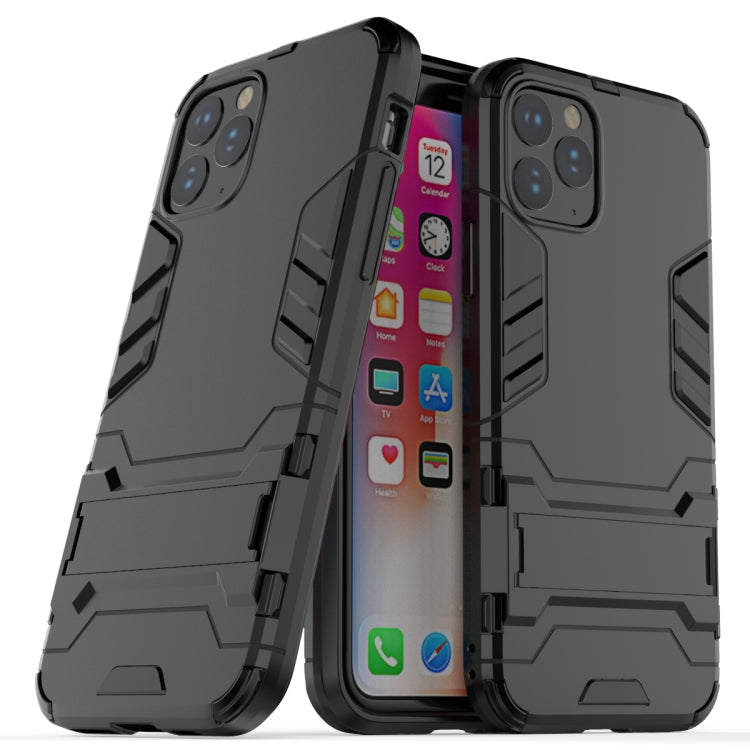 Shockproof phone case with holder, black with raised rugged armor edges