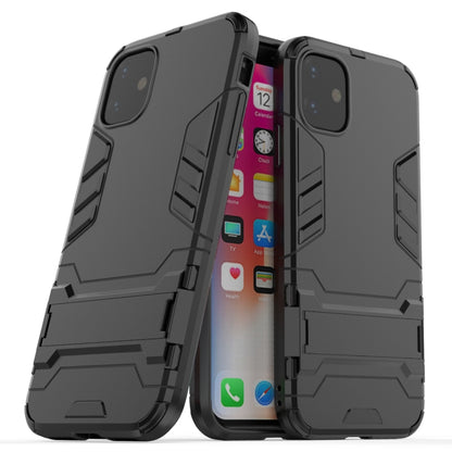 Shockproof phone case with holder, black rugged shell with camera cutout and grip bars