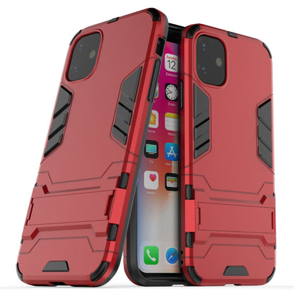 Shockproof phone case with holder, red rugged shell with camera openings and textured grips