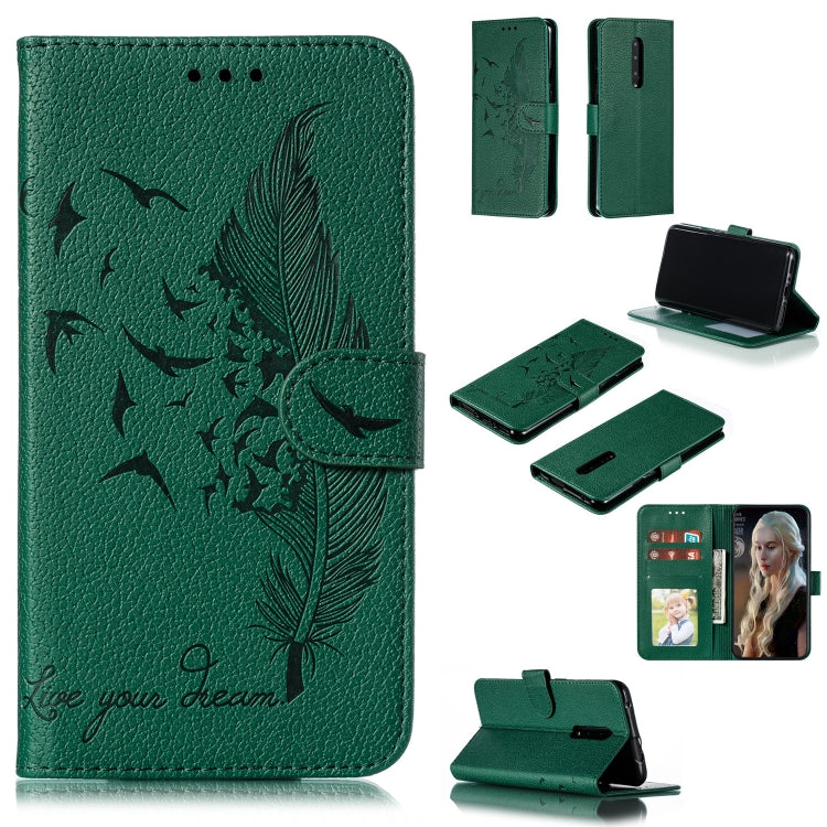 Green feather-pattern flip leather phone wallet case with card slots and stand cover