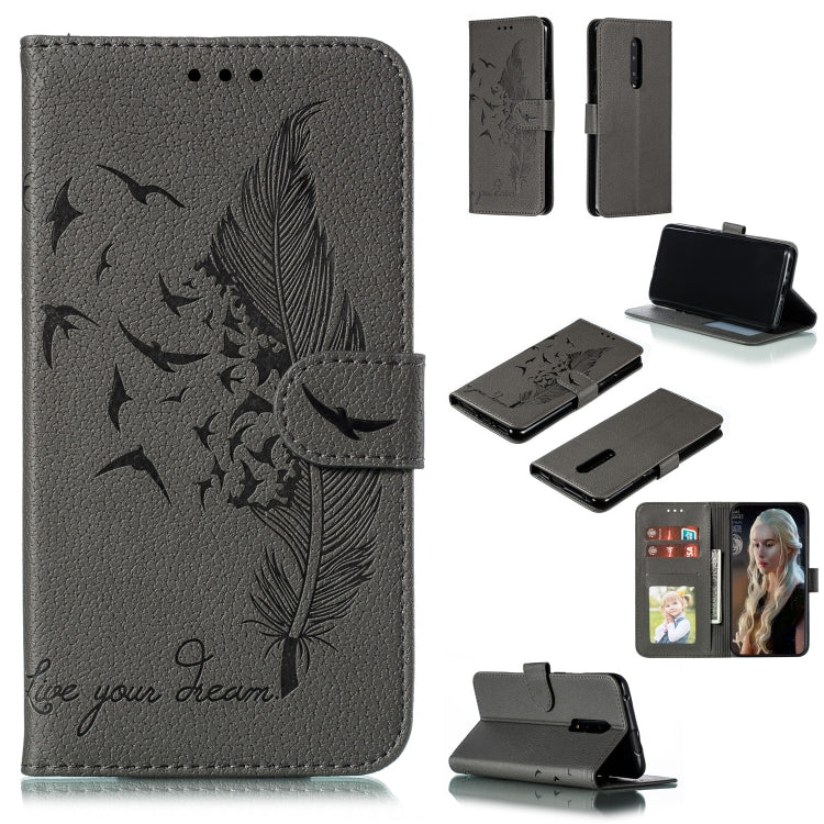 Gray feather-pattern flip leather phone wallet case with card slots and stand cover