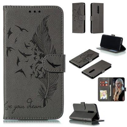 Gray feather-pattern flip leather phone wallet case with card slots and stand cover