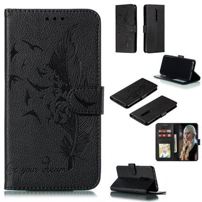 Black feather-pattern flip leather phone wallet case with card slots and stand cover