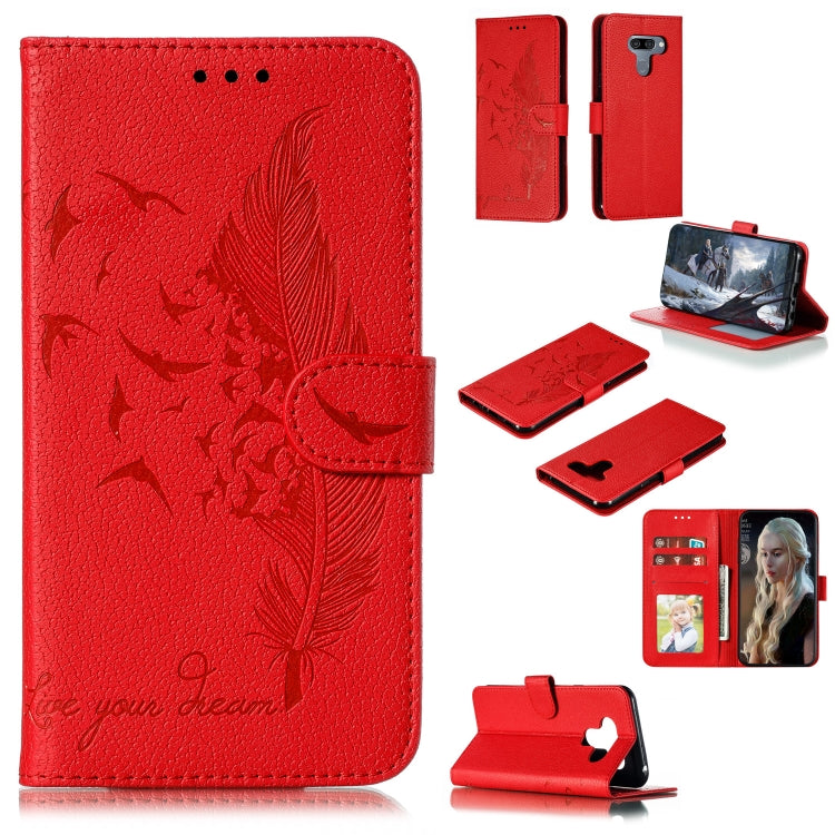 Red feather-pattern leather flip phone case with card holder and magnetic strap