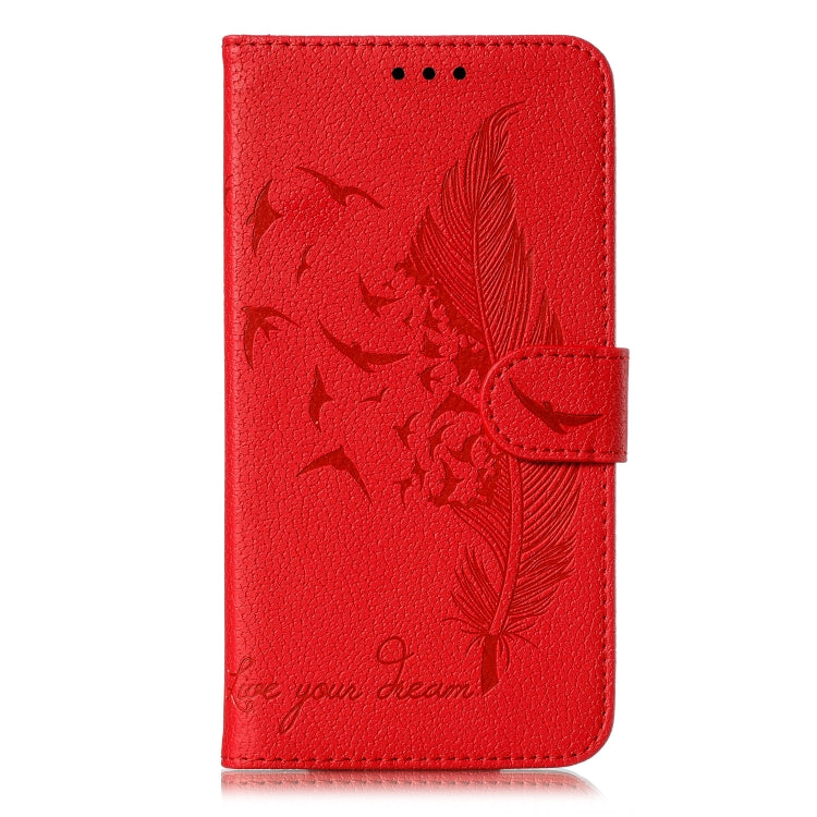 Red feather-pattern leather flip phone case with magnetic closure and stitched edges