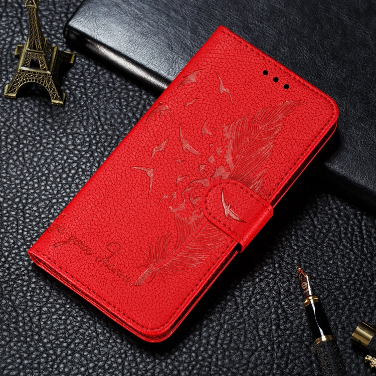 Red feather-embossed flip leather wallet case with card slots and holder