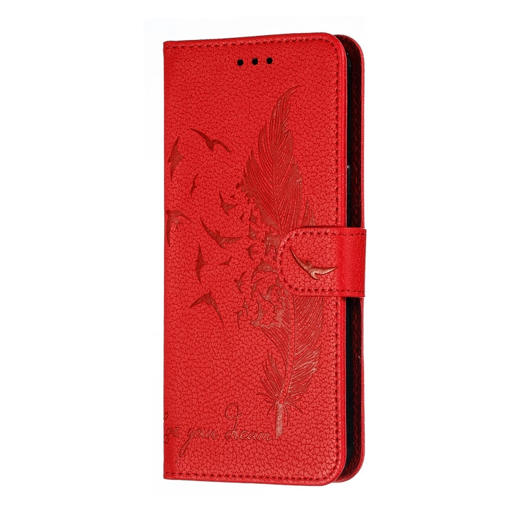 Red feather-pattern leather flip phone case with back camera cutout