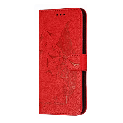 Red feather-pattern leather flip phone case with back camera cutout