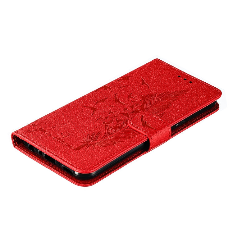 Red leather flip phone case, feather-embossed design with front opening