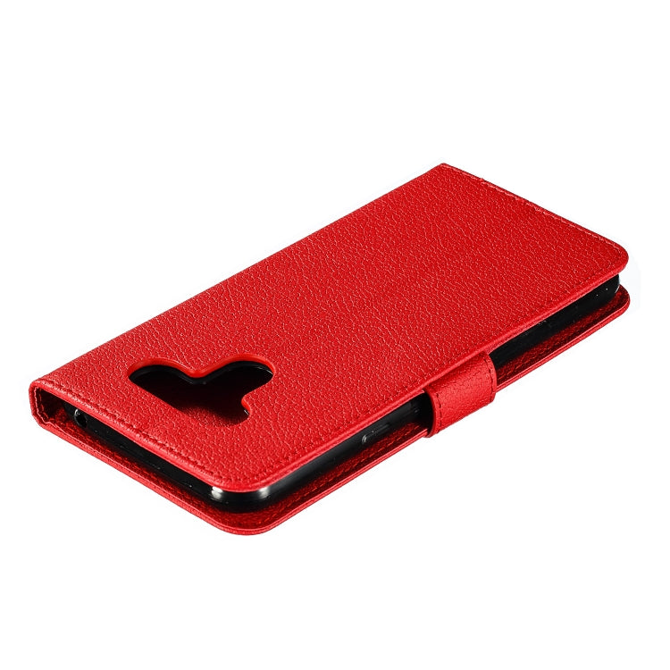 Red leather flip phone case with finger-notch and card holder panel