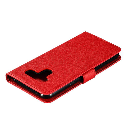 Red leather flip phone case with finger-notch and card holder panel