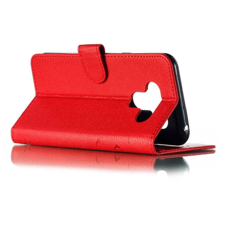 Red leather flip phone case standing with cutout window on the front