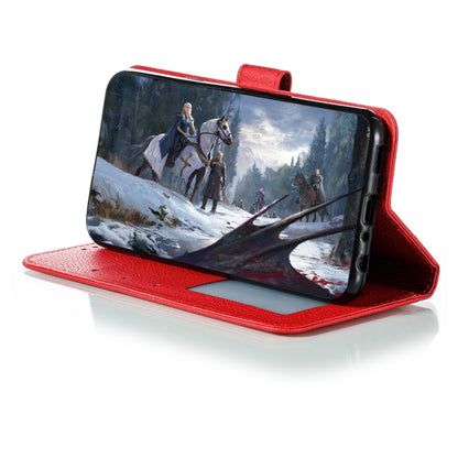 Red leather flip phone case opened for viewing, with stand support