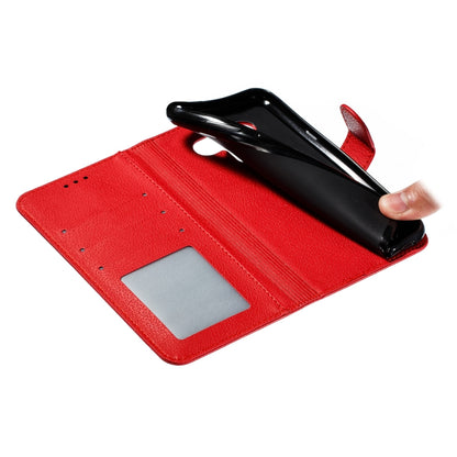Red leather phone case wallet with card pocket and cutout window