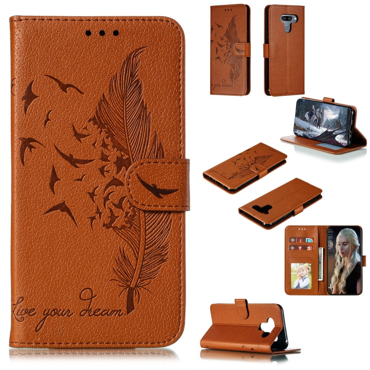 Brown feather-embossed flip leather wallet case with card slots and phone holder