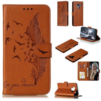 Brown feather-embossed flip leather wallet case with card slots and phone holder