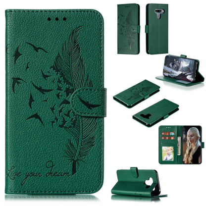 Green feather-embossed flip leather wallet case with card slots and phone holder