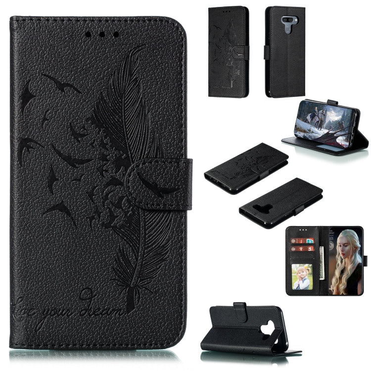 Black feather-embossed flip leather wallet case with card slots and phone holder